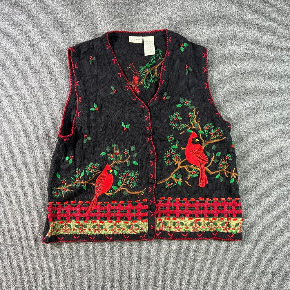 Vintage White Stag Sweater Vest Women's 18W Black Embroidered Cardinal Christmas